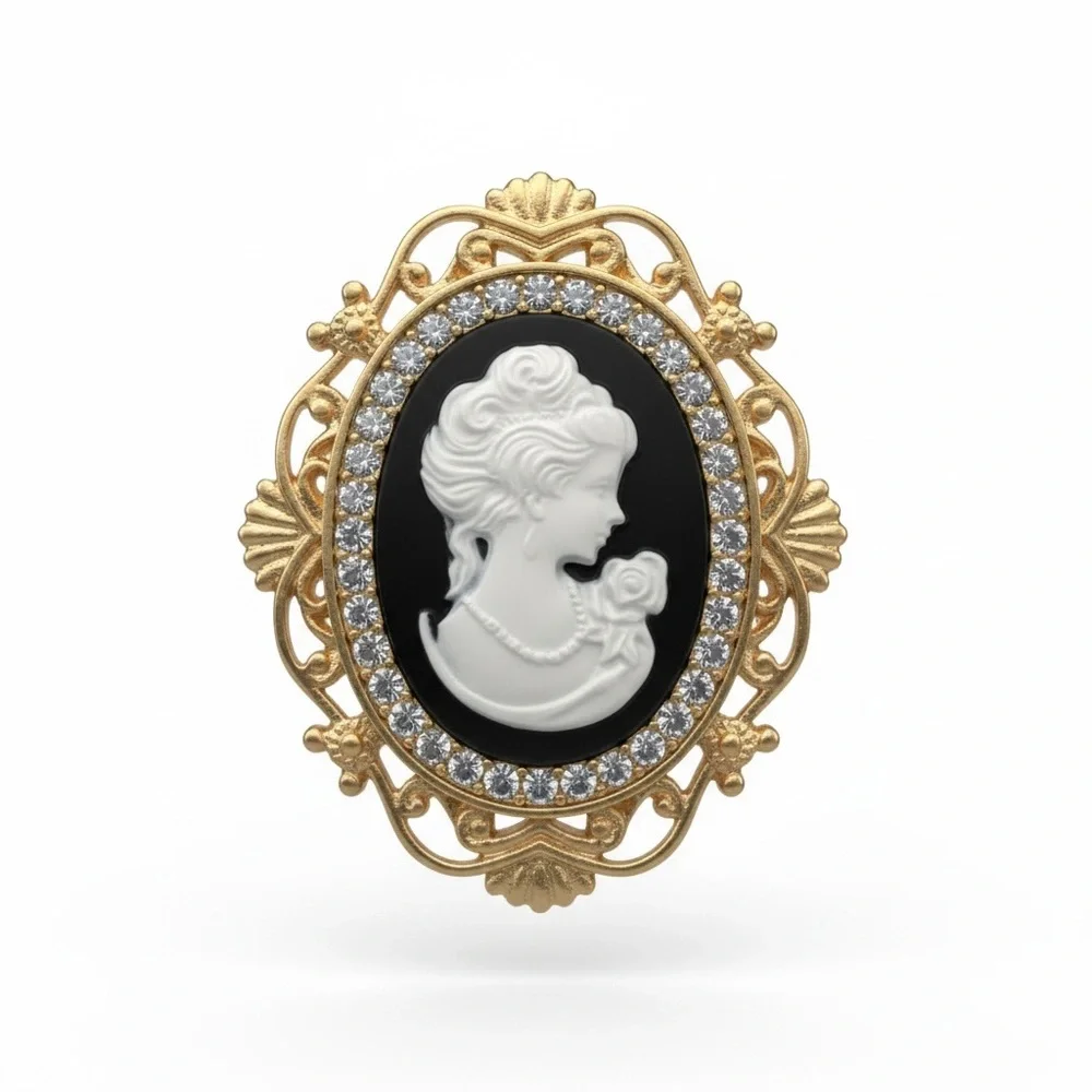Cameo Portrait Keychain, Bag Charm or Necklace Charm in Black and‎ Gold